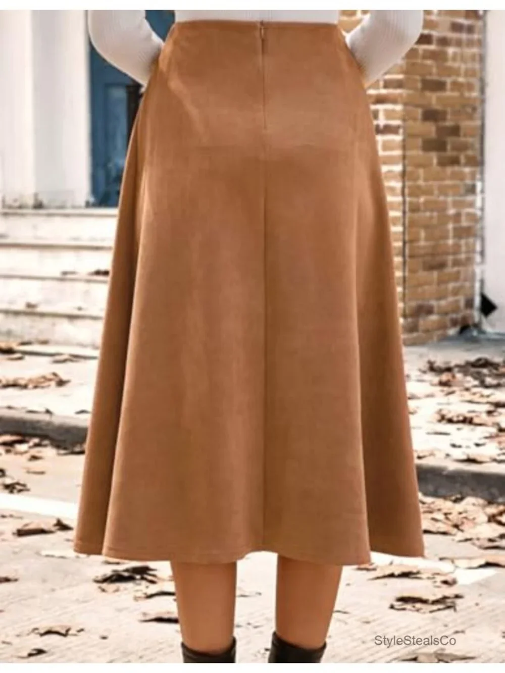 Faux Suede High Waist A-Line Midi Skirt with Elastic Waist and Hidden Zip